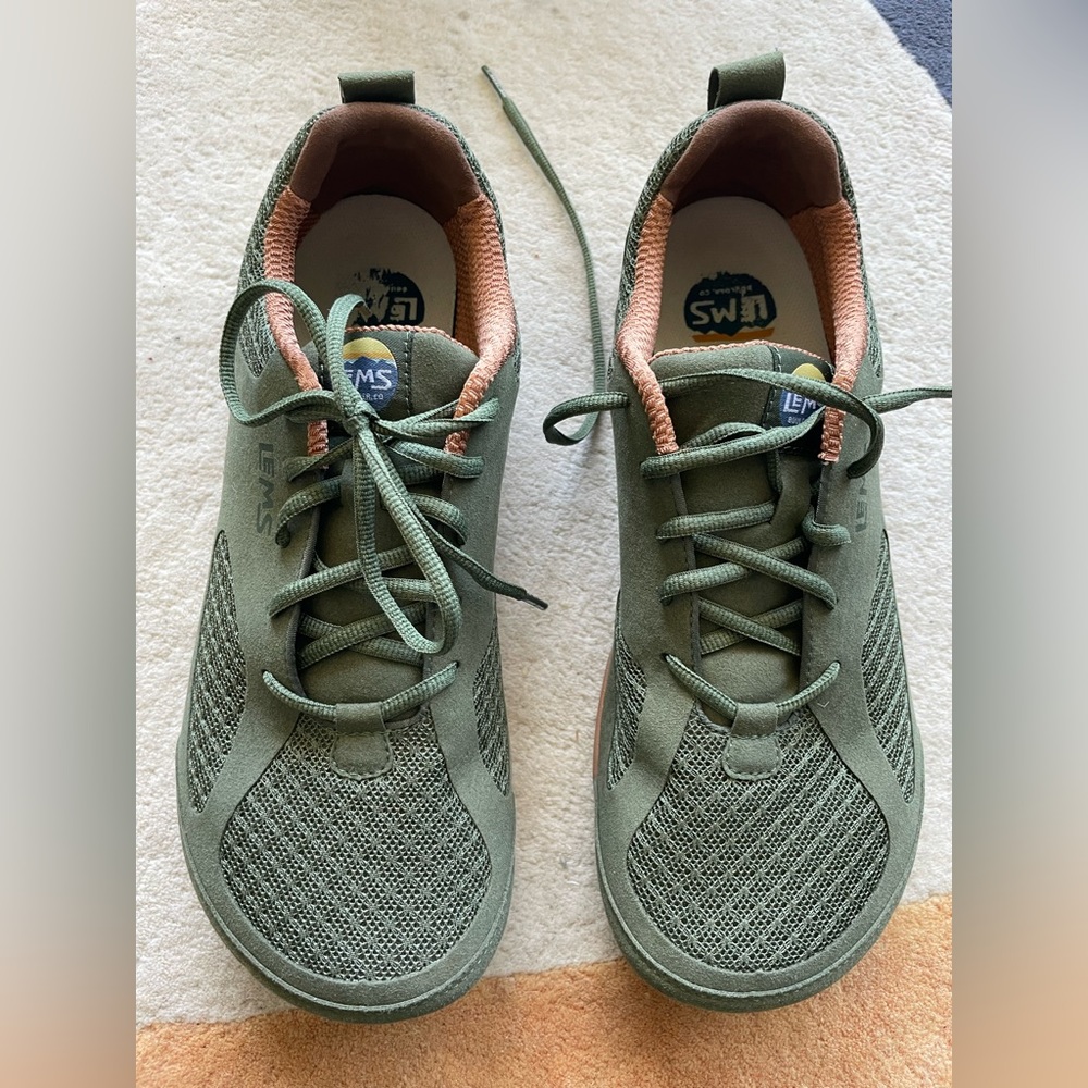 Wide toe box, zero drop shoes. Lems brand out of Colorado. Olive green.